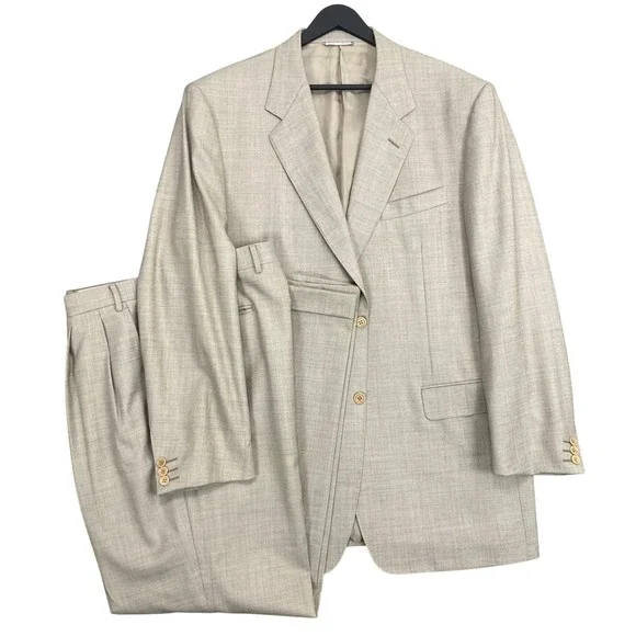 Canali 2pc Wool Suit Mens 44L IT 54L 37x33 Beige Italy Cupro Lined Quiet Luxury