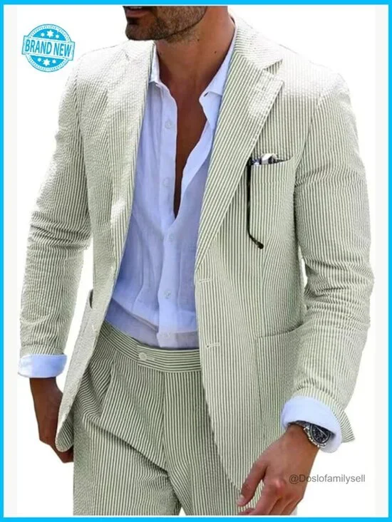 Seersucker Summer Suit Slim Fit Formal Wedding Grooms Elegant Lightweight
