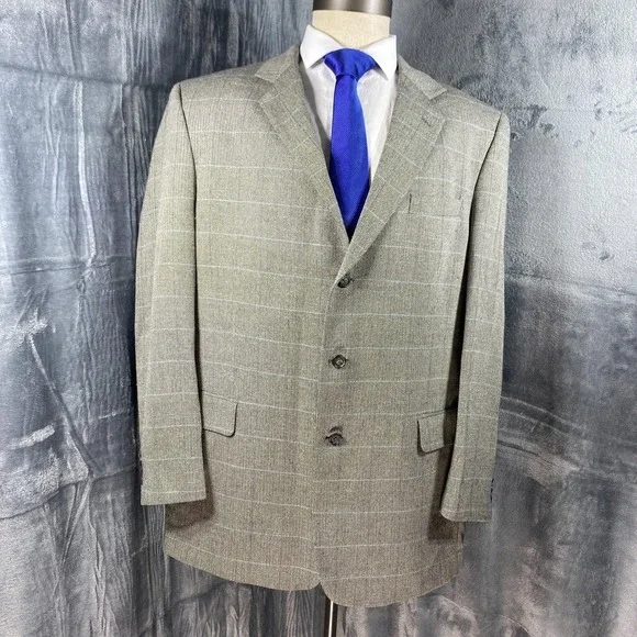Jos A Bank Blazer Jacket Men 46L Gray Herringbone Silk Wool Cashmere  Sport Coat