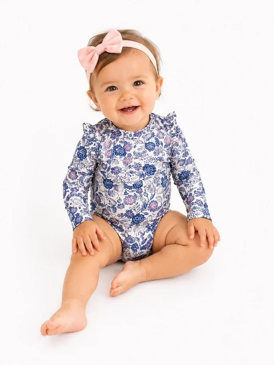 Kids Floral Rashguard Swimsuit - Blue & Pink