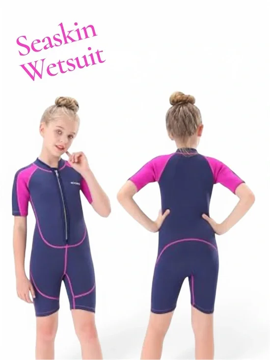 🩷Girls Seaskin Short Sleeve Wetsuit Swim Wear - Sz 3- Navy & Hot Pink