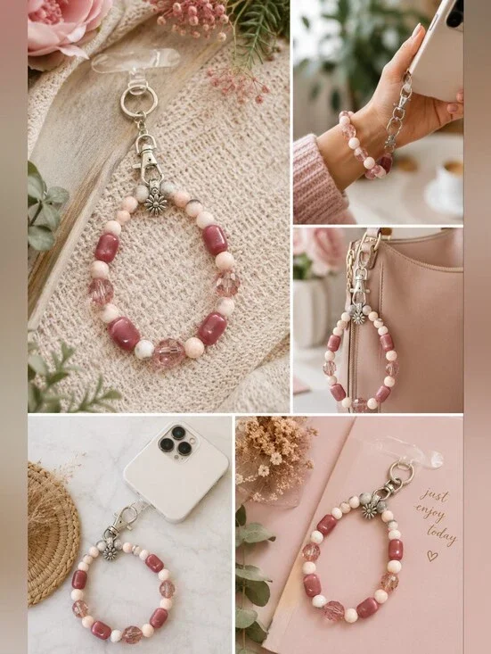 Handmade Beaded Wrist Phone Lanyard Keychain Bracelet Pink Cat's Eye Crystal