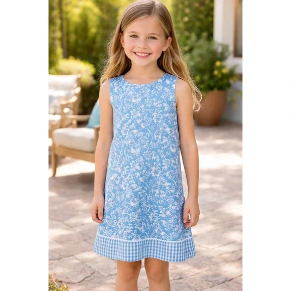 The Childrens Place Girls Blue White Floral‎ Gingham Lace Trim Dress Size 8