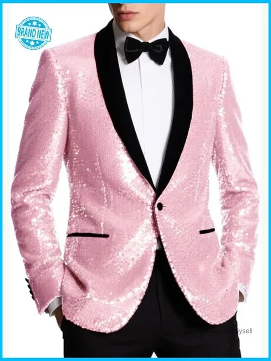 Sequin Blazer Slim Fit Shiny Tuxedo Jacket Shawl Collar Prom Party Disco