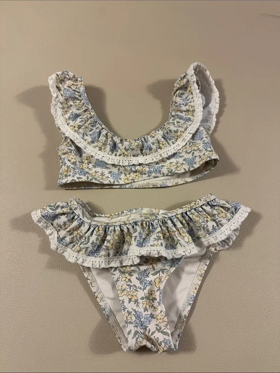 Rylee + Cru Floral Ruffle Bikini in White, Blue, Yellow