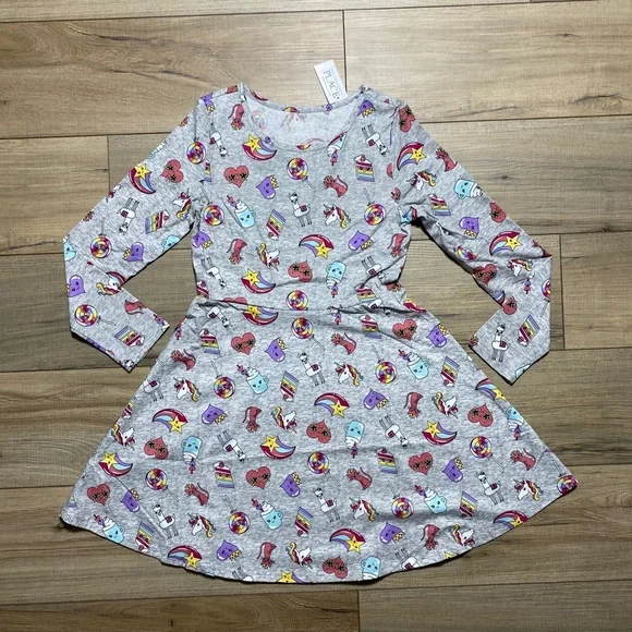 The Children's Place Girls Long Sleeve Printed  Skater Everyday Dress Large Gray