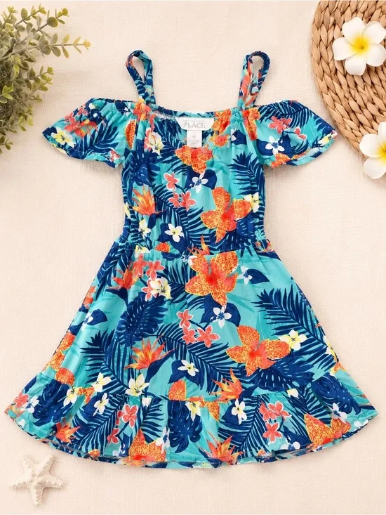 The Childrens Place Girls Blue Tropical Floral Cold-Shoulder Dress