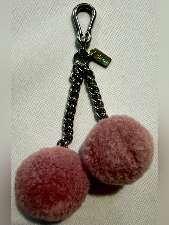 Coach Dusty Pink Double Pom-Pom Key Charm with Silver Chain