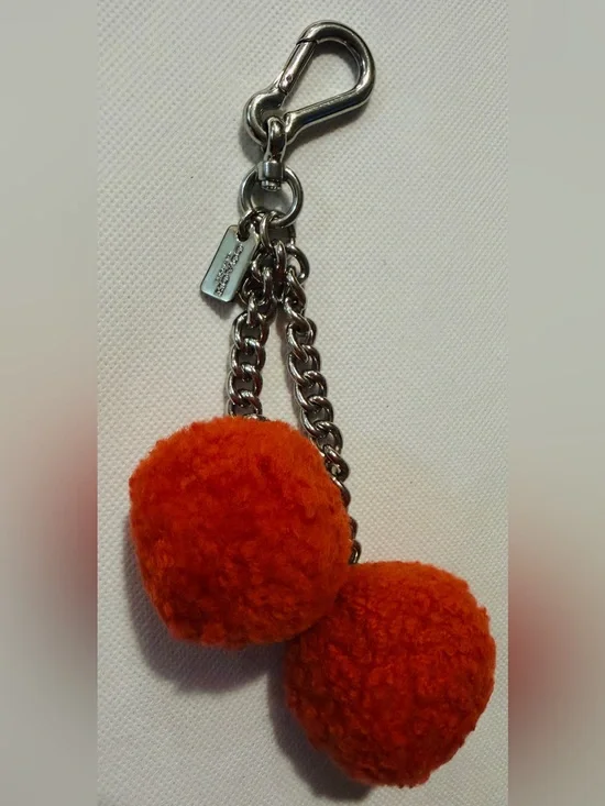 Coach Orange Pom Pom Keychain with Silver Chain