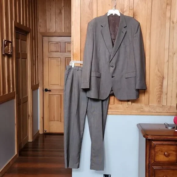 TownCraft Vintage 2 Piece Wool Coat & Pants Suit Set, 46L X 38, Brown Checks