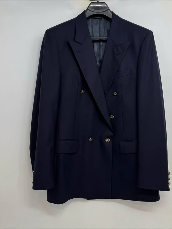 Vintage BURBERRYS Navy Blue Gold Button Super 100's Wool Double Breasted Blazer