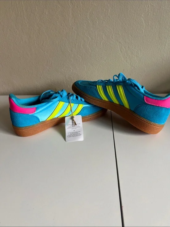 adidas Bright Turquoise Sneakers with Neon Yellow Stripes and Pink Accents