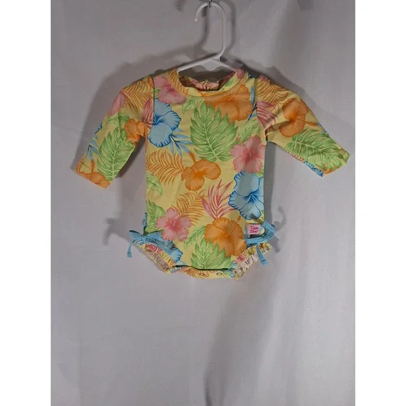 RuffleButts Baby Girls Yellow Tropical Floral Rash Guard Swimsuit 3-6M