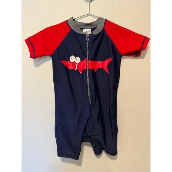 Hanna Andersson Shark Sun Suit Navy Red Zip Front Rash Guard One Piece 80 cm