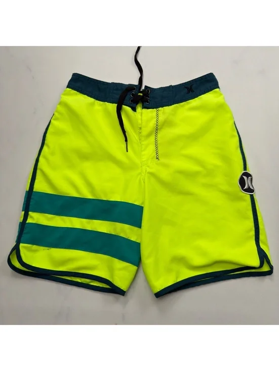 Hurley Board Shorts Neon Yellow Blue Striped - Boys Size 10/25