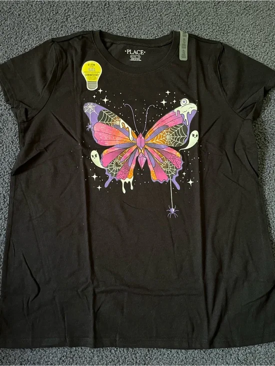 Black Luminescent Halloween Tee with Ghosts & Butterfly Graphic