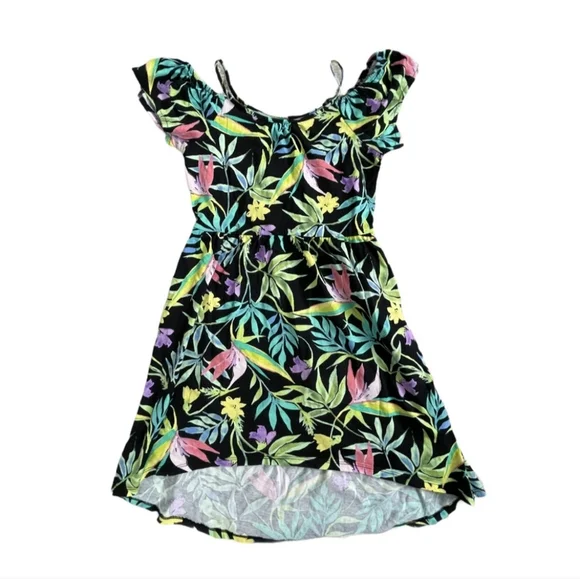 Children's Place‎ Dress Girl (10/12) Black Floral Cold Shoulder Hi Low Vacation