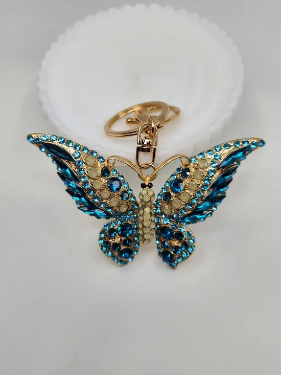 Gold-Tone Blue Crystal Butterfly Keychain Charm