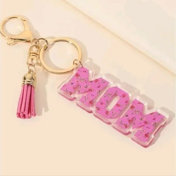 Pink MOM & Tassel Keychain