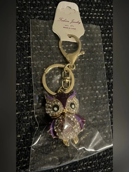 Gold-Tone Owl Bag Charm with Purple Accents