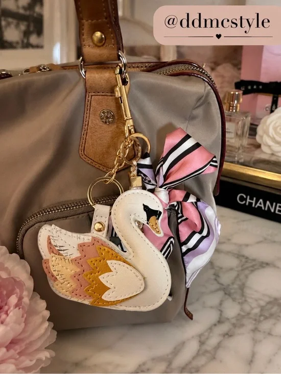 NWOT Grand Swan Keychain Charm stacked with Pink Stripe Scarf and bling charm