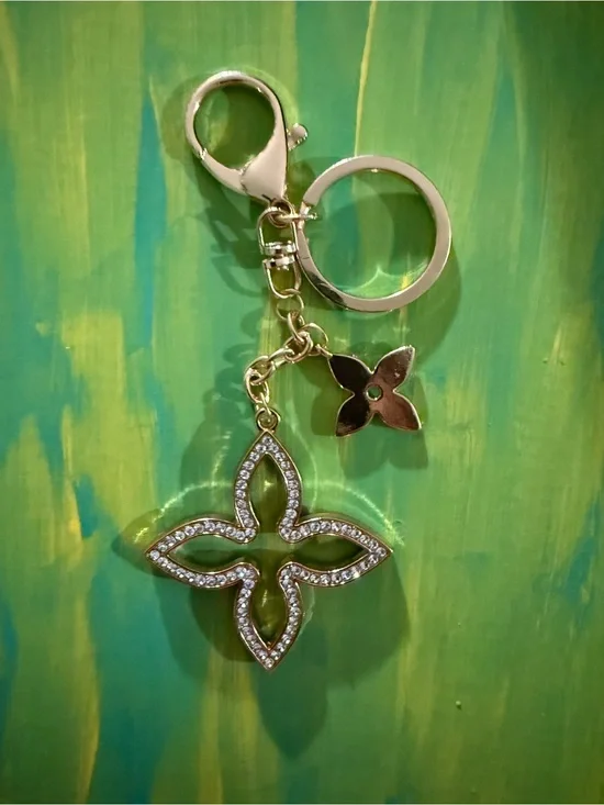 Gold Rhinestone and Enamel Floral Keychain Bag Charm