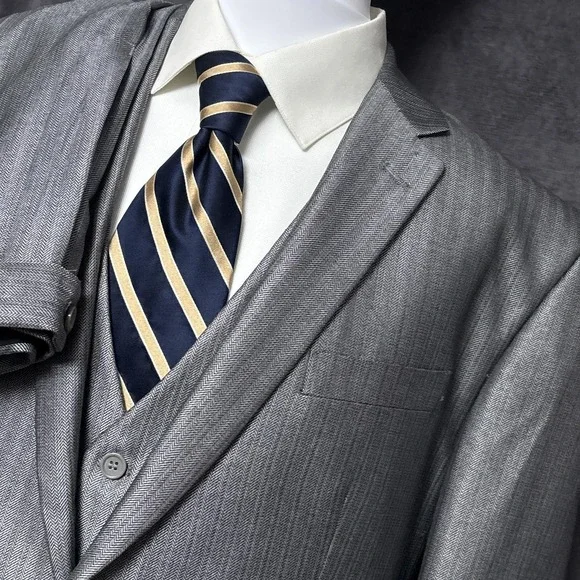 Tessori Suit 44L 43x36 Silver Herringbone 3 Piece Handmade Custom Italy Tall