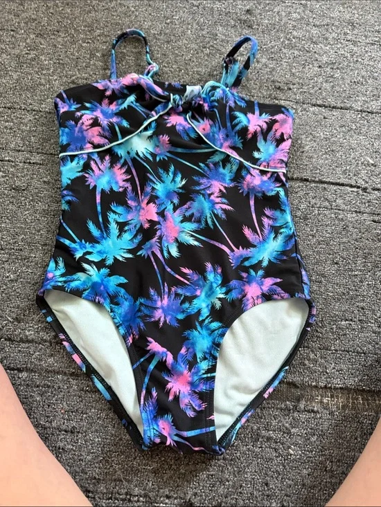 art class Black One-Piece Swimsuit with Blue & Pink Palm Print