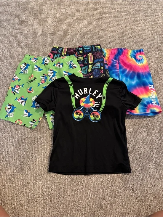 Hurley Black T-Shirt with Neon Tropical Binocular Graphic, lot of 4, boys 7