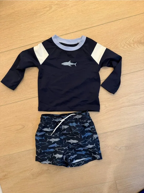 Janie and Jack Navy and white Shark Rashguard and trunks bathing suit Swim Set