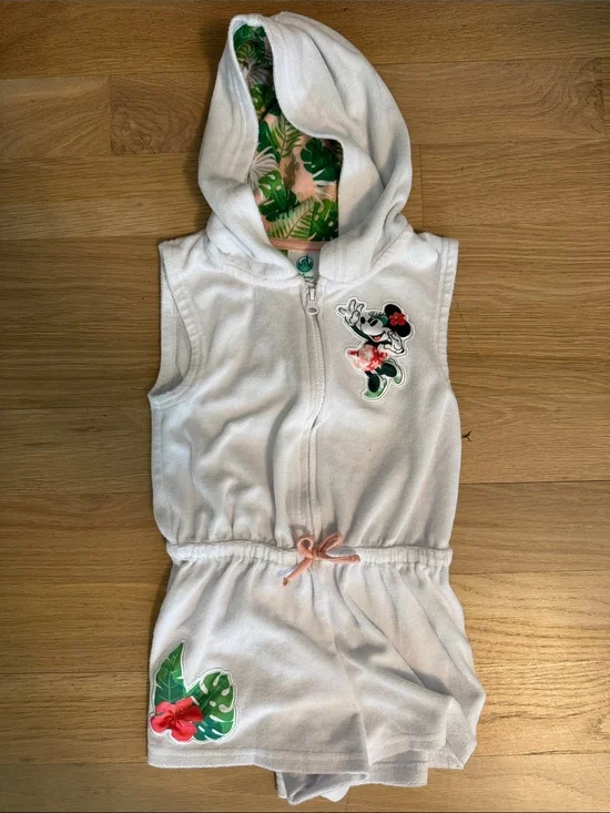 Disney White Hooded Minnie Swim Beach Coverup with Pink and Green Accents