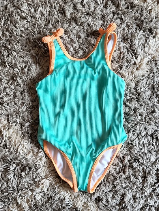 Kids Aqua Ribbed One-Piece Swimsuit with Peach Trim
