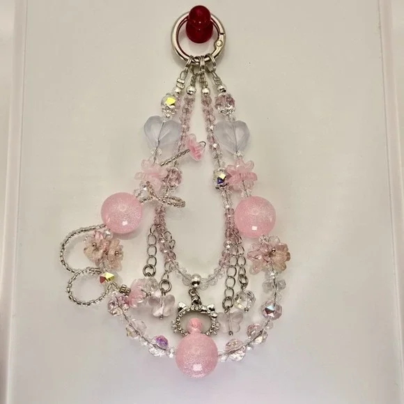 Pink Coquette Phone Wristlet Strap Beaded Kitty Charm Crystal Kawaii Keychain