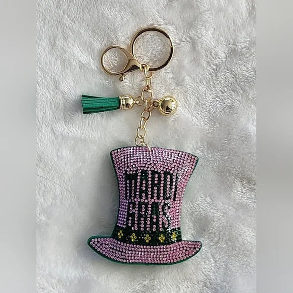 Mardi Gras Pink and Green Hat Keychain with Gold Accents Bag Charm