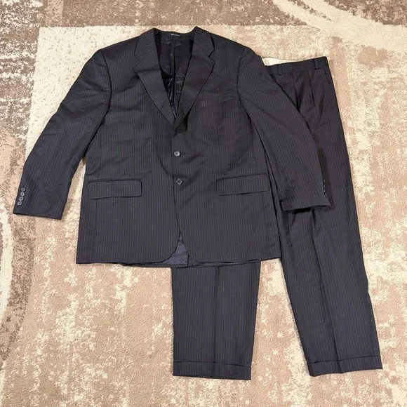 Vtg Chaps Ralph Lauren Suit Mens Wool Cashmere Stripe Black 46R 40x30 Classic