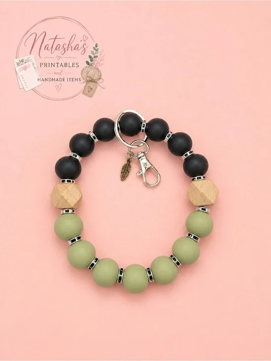 Beaded Wristlet Keychain - Black & Olive