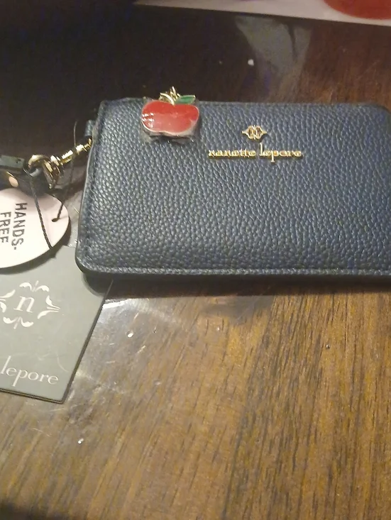 Nanette Lepore Black Pebbled Leather Card & Key Holder with Red Apple Charm