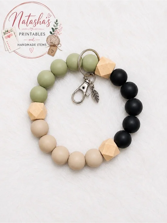 Beaded Wristlet Keychain in Sage, Beige & Black