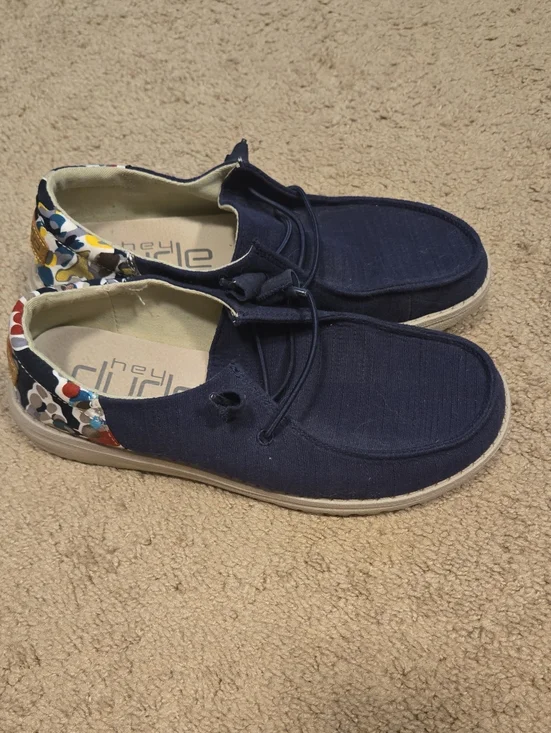 Hey Dude Navy Canvas Slip-Ons with Multicolor Floral Heel