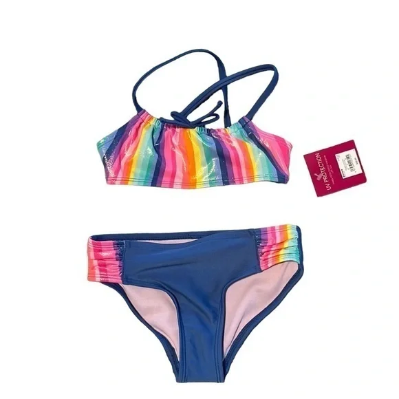New Girl’s Rainbow Stripe Bikini Size 4/5 SPF 50+ Rashguard NWT