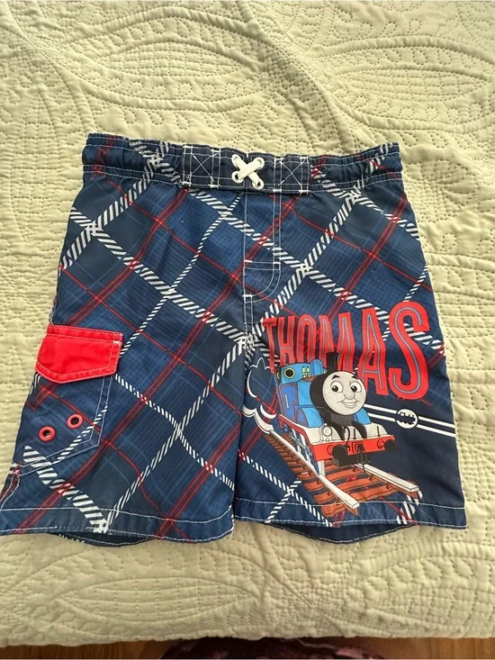 Thomas the Tank Engine Blue Plaid Boys Swim Trunks.  3T