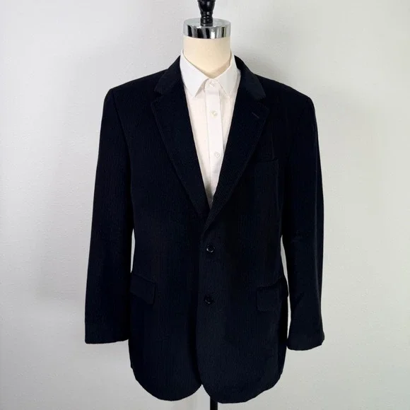 Jos A Bank Mens 46L Corduroy Blazer Sport Coat Black Wool Silk Blend 2 Button