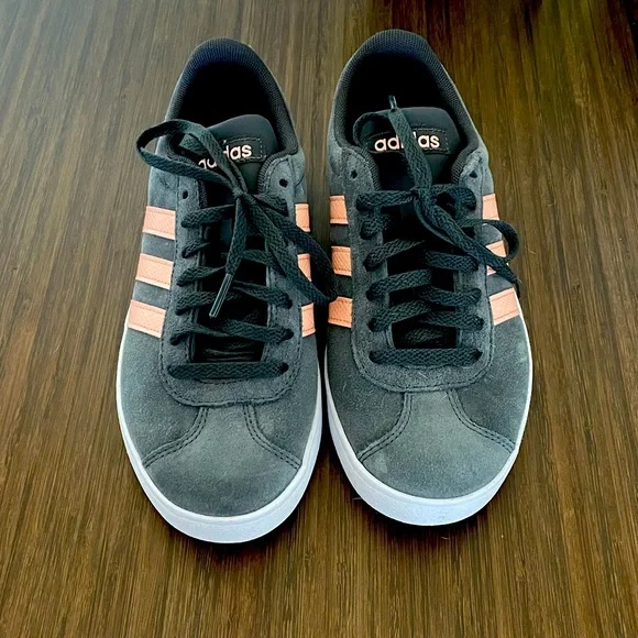 adidas Women's Gray Suede Sneakers with Pink Stripes