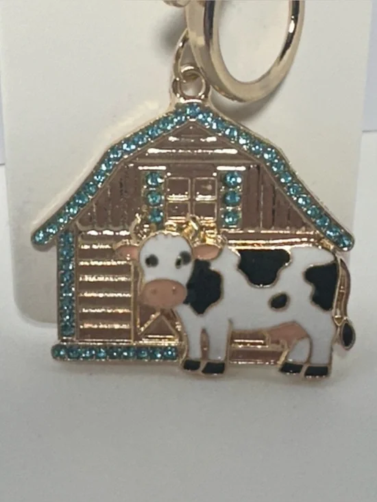 Cow & Barn Keychain Charm with Aqua Rhinestones