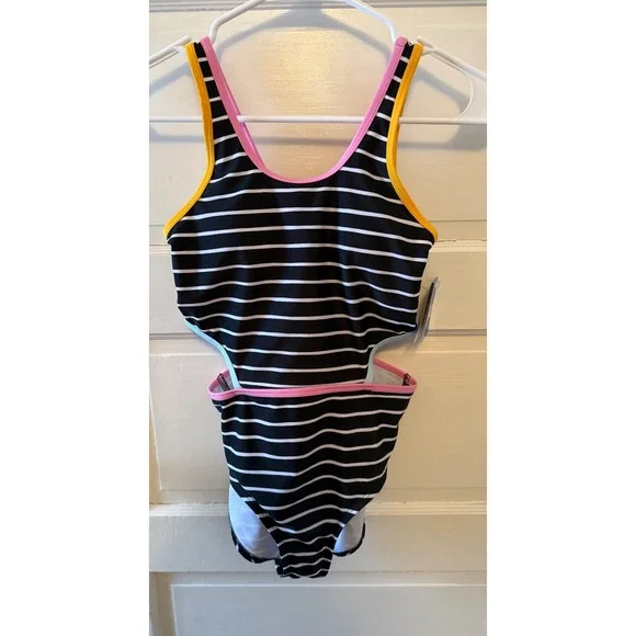 DSG Kids Girls Black White Stripe Cutout One Piece Swimsuit Size‎ large