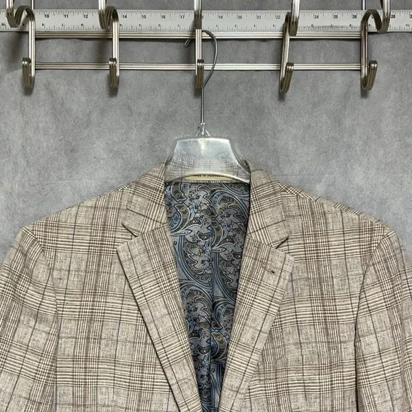 Joseph Abboud Blazer Men 42L Tan Plaid Slim Linen Cotton Casual Sport Coat Luxe