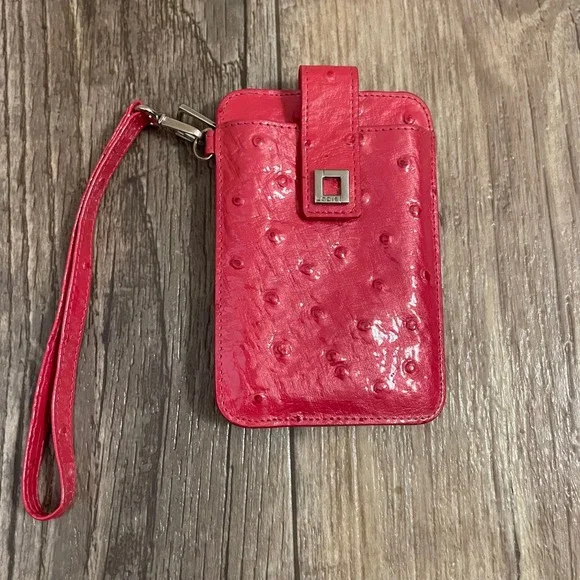 Lodis Pink‎ Ostrich Embossed Leather Card Case Wristlet ID Wallet Zipper Pocket