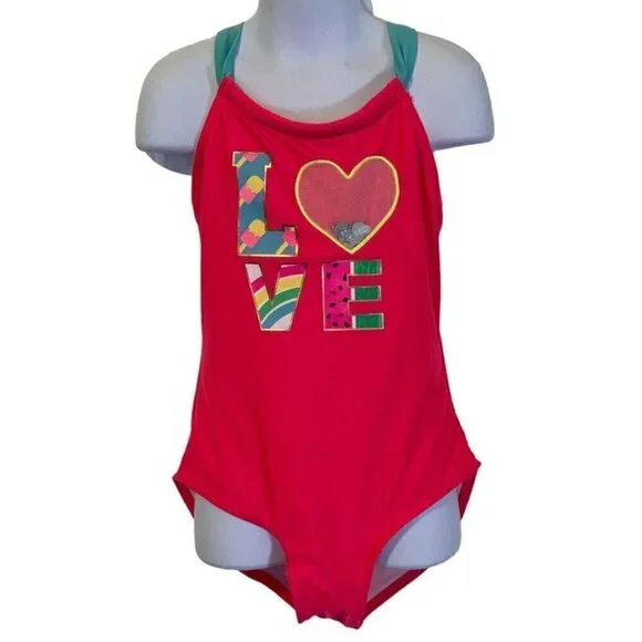 Cat & Jack Girls Love Swimsuit Size M 7/8 Pink Teal