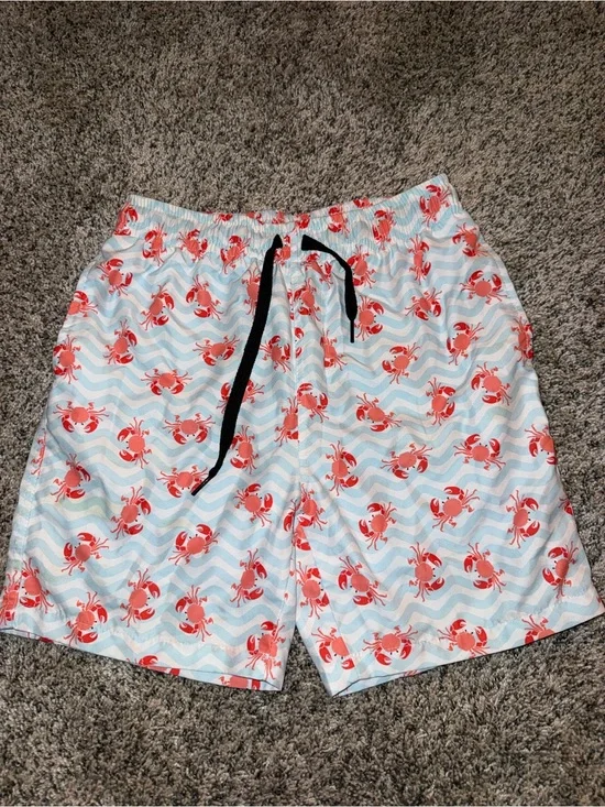 Youth Sz 10 - Crab Print Swim Shorts - White & Light Blue with Red Crabs