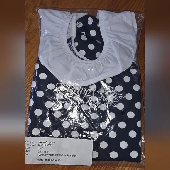 Eleanor rose NAVY white polka dot swimsuit girl size 6/7 NEW